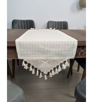 El Dantelli Püsküllü Runner Ranır Örtü Buldan Işi Monika Keten Sehpa Masa Üstü Örtüsü Şömen
