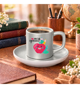 BK Gift En İyi Öğretmen Tasarımlı Mat Gümüş Türk Kahvesi Fincanı ve Tabağı-2