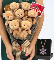 Fotoğraflı Büyük Boy 7'li Tasarım Peluş Ayıcık Buketi ve Gerçek Ametist Taşlı Lotus Kolye (Model 2)