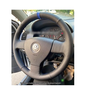 Volkswagen Caddy 2007-2010 Araca Özel Dikmeli Direksiyon Kılıfı (Karbon Nokta Mavi Yüzüklü)
