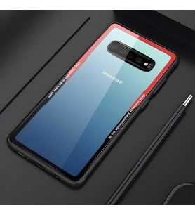 Galaxy S10E Kılıf Kenarları Silikon Arka Kısım Temperli Cam Craft Kılıf (Siyah-Kırmızı)