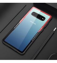 Galaxy S10E Kılıf Kenarları Silikon Arka Kısım Temperli Cam Craft Kılıf (Siyah-Kırmızı)