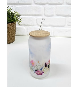 Bambu Kapaklı Renkli Çiçek Desenli Pipetli Buzlu Cam Bardak