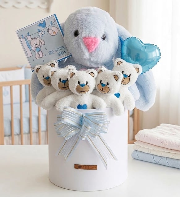 Özel Kutuda Uyku Arkadaşı Mavi Peluş Tavşan ile Yeni Doğan Hediye Seti- Babyshower, Yenidoğan Hediyesi