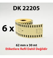 EcotagPlus Brother DK 22205  Etiket 62 mm x 30,48 m -Sürekli - 6 Adet + Tutucu