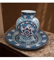 Tamamı El Yapımı Kabartmalı 30cm Vazo ve 40cm Tabak İkili Set (Lacivert)