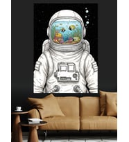 Akvaryum Başlıklı Modern Astronot Figürü Dekoratif Kanvas - Mdf Ahşap Tablo
