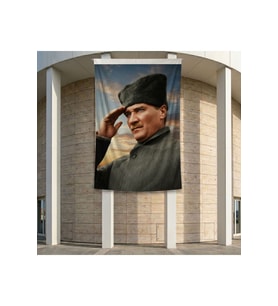 Selam Veren Ulu Önder Gazi Mustafa Kemal Atatürk Poster Bayrak Premium Raşel Kumaş ATA63 2x3m
