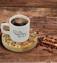 BK Gift Kişiye Özel Retro Motif Tasarımlı Doğal Ahşap Tabaklı Türk Kahvesi Fincanı Model 3
