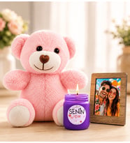 Kişiye Özel Fotoğraflı Kokulu Mum ve Peluş Pembe Ayıcık Hediye Seti