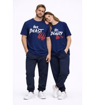 Sevgili Kombini Her Beast His Beauty Oversize Çift Tişört Unisex Partner Couple Kombin Seti (Lacivert)