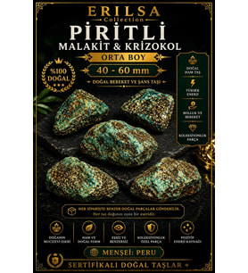 Sertifikalı Doğal Piritli Malakit Krizokol Taşı Kütle - 40-60 mm Orta Boy Ham Taş Koleksiyonluk