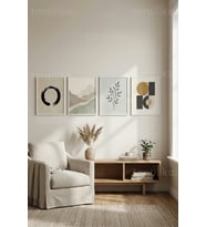Modern Nötr Soyut ve Minimalist Desenler 4’lü Ahşap Çerçeveli Tablo Seti
