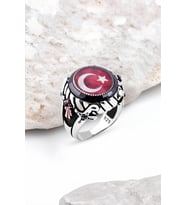Ortası Mineli Türk Bayrağı Kenarı Çember Taşlı Gümüş Erkek Yüzük