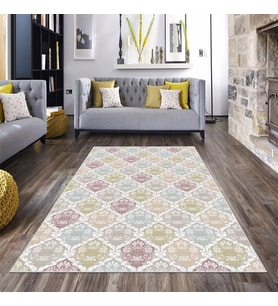 Geometrik Karo Şal Desenli Dijital Baskı Yıkanabilir Kaymaz Taban Etnik Kilim Desen Salon Halısı (Çok Renkli)