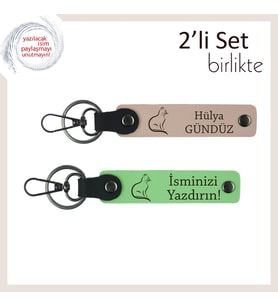 Patili Kombin Seven Çiftlere, Kedi Figürlü, Kişisel Yazılı Anahtarlık Seti, Yavru Ağzı-Fıstık Yeşil (Çok Renkli)