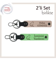 Patili Kombin Seven Çiftlere, Kedi Figürlü, Kişisel Yazılı Anahtarlık Seti, Yavru Ağzı-Fıstık Yeşil (Çok Renkli)