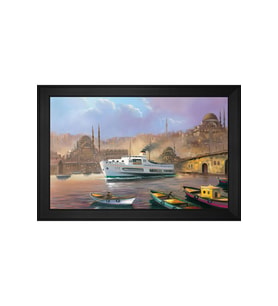 Yeni Camii ve Adalar Boğaziçi Vapuru Motifli Kanvas Tablo 80 x 110 cm Siyah Çerçeve