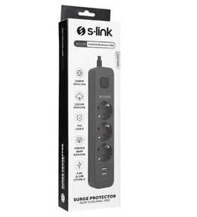 S-link SPG03U 5V2.4A 1.5m 3x1.00mm 100 yüzde Bakır 750 Joule 3 lü Anahtarlı Akım Korumalı Siyah Priz