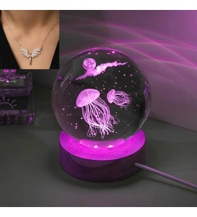 Işıklı Ahşap Kaideli Deniz Anası Temalı Cam Küre 8cm*6cm ve Melek kolye