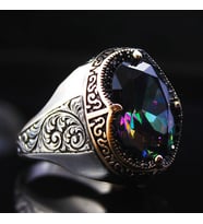 Karışık Renk Mistik Topaz Mikrotaş İşlemeli Özel Seri Erkek Gümüş Yüzük