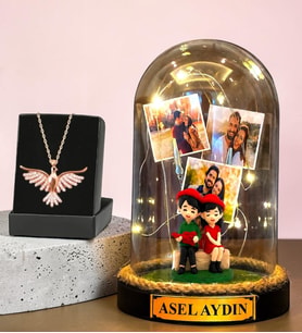 Kişiye Özel Fotoğraflı Led Işıklı Oturan Çift Fanus & Anka Kuşu Kolye Hediye Seti