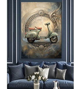 Eski Çerçevede Nostaljik Yeşil Vespa Dekoratif Kanvas - Mdf Ahşap Tablo