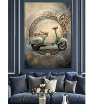 Eski Çerçevede Nostaljik Yeşil Vespa Dekoratif Kanvas - Mdf Ahşap Tablo