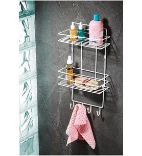 2 Katlı Beyaz Kancalı Banyo Duş Rafı, Şampuanlık, Lif Askılı