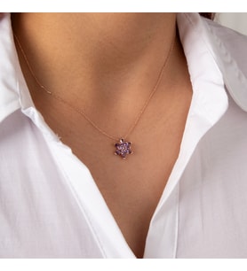 Gümüş Ametist Taşlı Minimal Lotus Çiçeği Kolye (Rose)