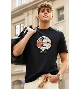 Unisex Kanagawa Oki Nami Ura Baskılı T-shirt (Siyah)