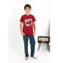 pilelistore- Erkek Çocuk Kısa Kol Penye Pijama Takım Bordo