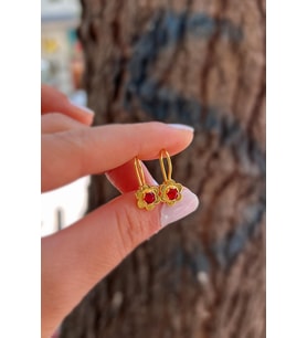 Gümüş Kırmızı taşlı çiçek model Çocuk küpe (Sarı)