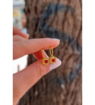 Gümüş Kırmızı taşlı çiçek model Çocuk küpe (Sarı)