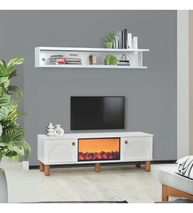 Lidya Şömineli Tv Sehpası Şık Kapaklı Tasarım 36 Inç Ekran Üzeri Uyumlu 150x36x50 Cm