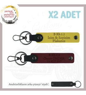 Motor Tutkunlarına İsim Plaka ve B Rh (-) Kan Grubu Yazılı Özel Üretim x2 Anahtarlık, Sarı-Bordo-Syh (Çok Renkli)