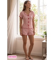 Çağrı Kadın Kayık Yaka Düğmesiz Fitilli Kumaş Fiyonklu %100 Pamuk Kısa Kol Mini Şortlu Pijama Takımı