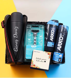 Kişiye Özel 500 ML Deri Çantalı Siyah Çelik Termos & Arko Men Tıraş Köpüğü & Tıraş Bıçağı & Arko Men Tıraş Kolonyası Hediye Seti