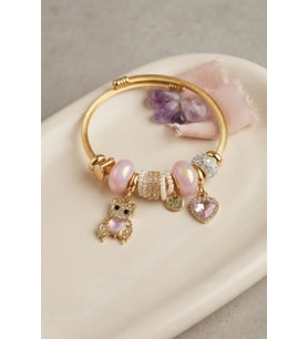 Pembe Renk Teddy Bear Model Gold Charmlı Bileklik