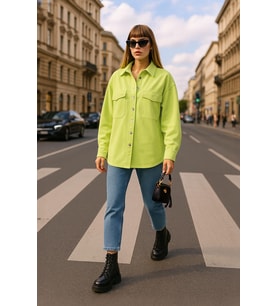 Kadın Oversize Jean Gömlek Neon Yeşil