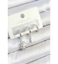 Pirinç Zirkon Taşlı Güneş Model Gümüş Renk 3'lü Çift Kadın Küpe Set - TJ-BKP10799