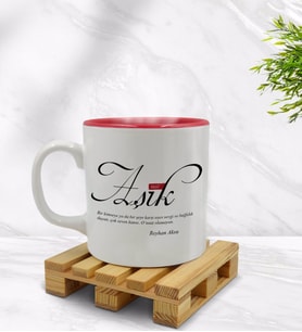BK Gift Kişiye Özel Mânâ Aşık Tasarımlı İçi Kırmızı Renkli Kupa Bardak Model 1