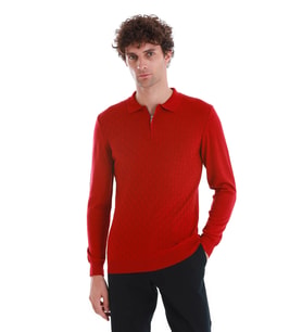 Kırmızı Regular Fit Jakarlı Polo Yaka Yünlü Triko Kazak