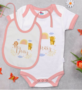 BK Kids Kişiye Özel İsimli Pembe Bebek Body Zıbın ve Mama Önlüğü Hediye Seti-28