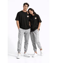 Sevgili Kombini Ayıcık Baskılı Çift Tişört Oversize Unisex Partner Kombin Seti (Siyah)