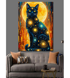 Yıldızlı Gece Kedi Resmi Dekoratif Kanvas - Mdf Ahşap Tablo