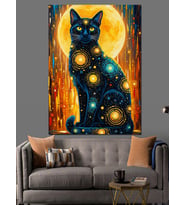 Yıldızlı Gece Kedi Resmi Dekoratif Kanvas - Mdf Ahşap Tablo