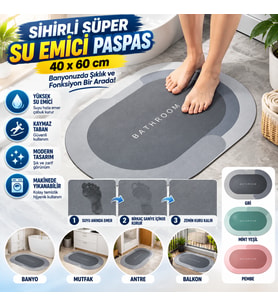 Sihirli Süper Su Emici Kaymaz Tabanlı Oval Paspas 40*60 cm