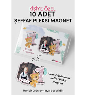 Kişiselleştirilebilir Doğum Gününe Özel Şeffaf Pleksi Magnet – Sevimli Ayıcık Model (Her Yaşa Özel)