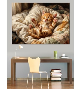 Battaniye İçinde Uyuyan Turuncu Kedi Dekoratif Kanvas - Mdf Ahşap Tablo